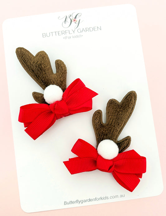 Rose Red Reindeer Bow clips