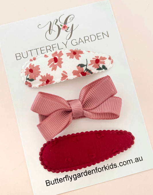 Winnie fabric snap clip & bow trio