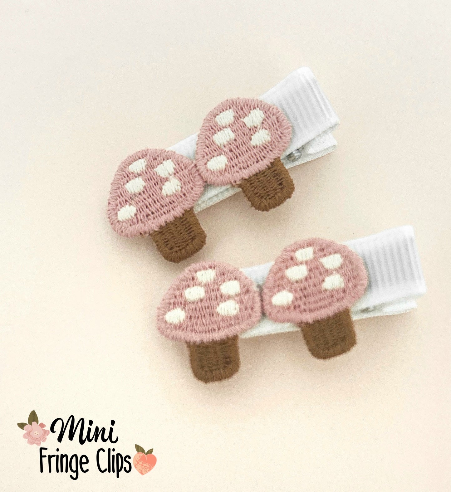 CottageCore Mini Fringe Clip pair - Pink Toadstools