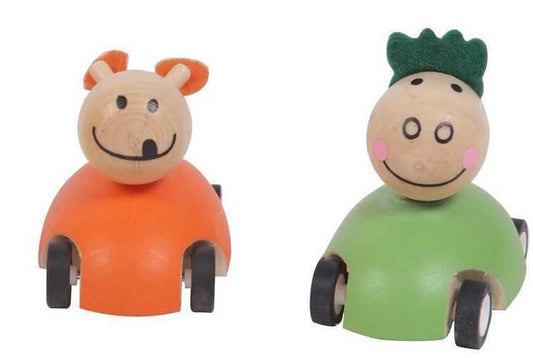 Wooden animal pull back car