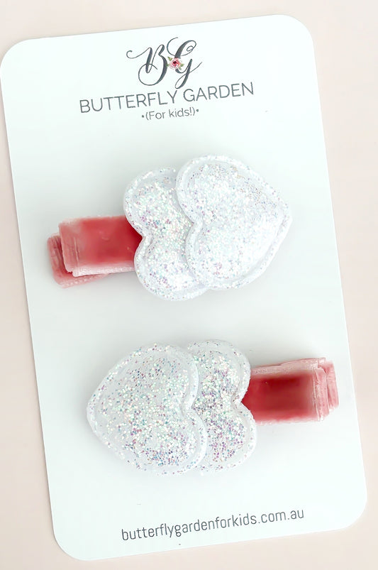 White Shimmer heart duo - Fringe clips