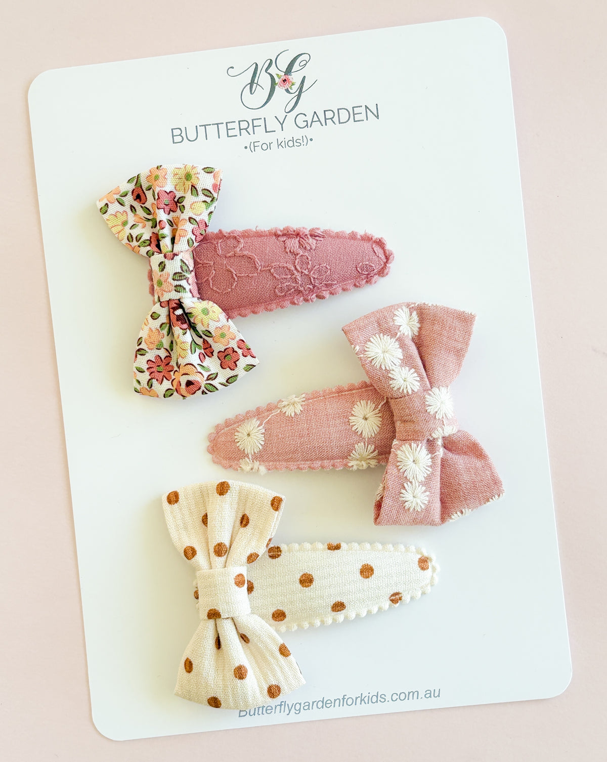 Greta Vintage bow trio- fabric snap clips