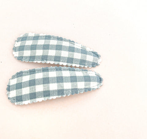 Teal Blue gingham fabric snap clip duo
