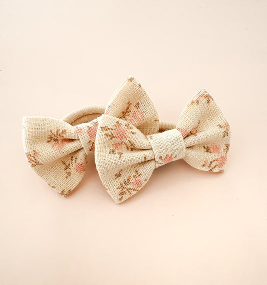 Linen Bow Mini Hair Ties - Pink Blossoms