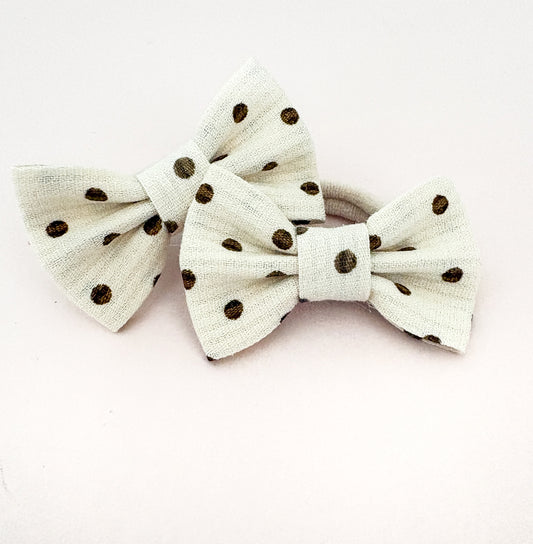 Linen Bow Mini Hair Ties - Chocolate Polkadots