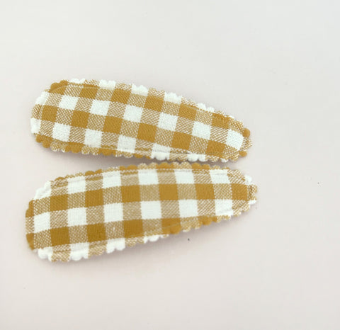 Mustard Gingham fabric snap clip duo
