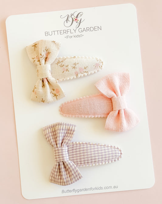 New! Claire Vintage bow trio- fabric snap clips
