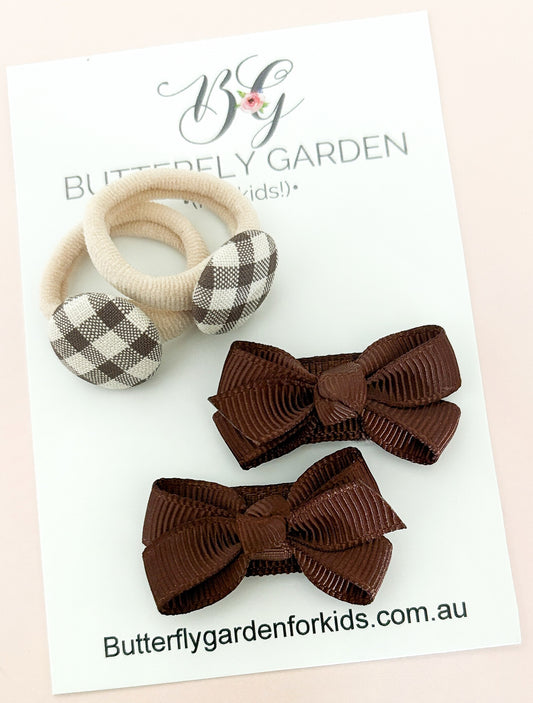 Chocolate Hair Tie & Bow Clip set