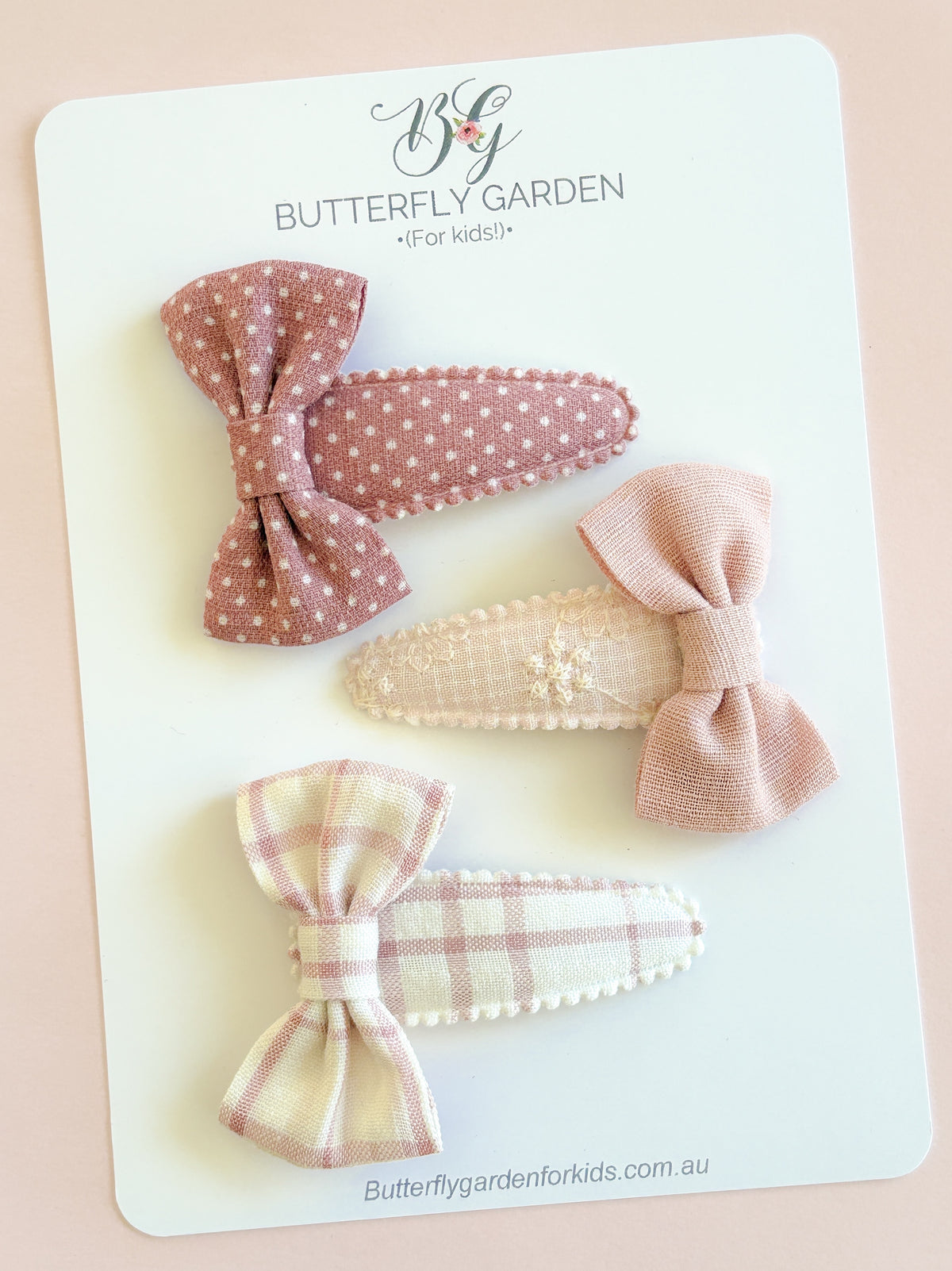 Cora Vintage bow trio- fabric snap clips
