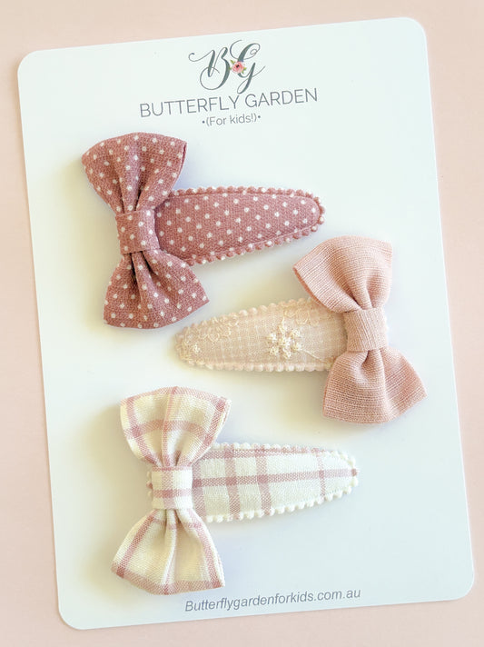 New! Cora Vintage bow trio- fabric snap clips