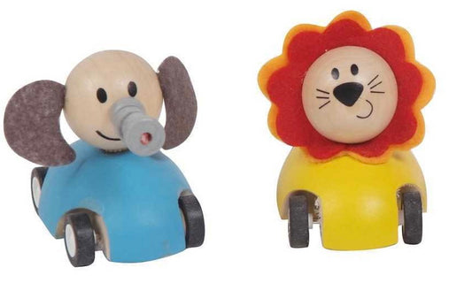 Wooden animal pull back car